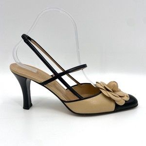 CHANEL Camellia Tan Black Cap Toe Leather Flower Slingback Heels EU 38 / US 7